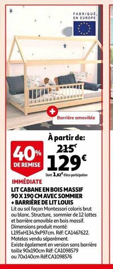 lit cabane en bois massif avec sommier + barrière de lit louis