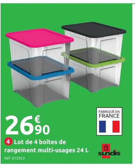 lot de 4 boîtes de rangement multi-usages 24 l sundis