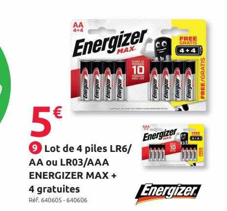 lot de 4 piles lr6 - aa ou lr03 - aaa energizer max + 4 gratuites