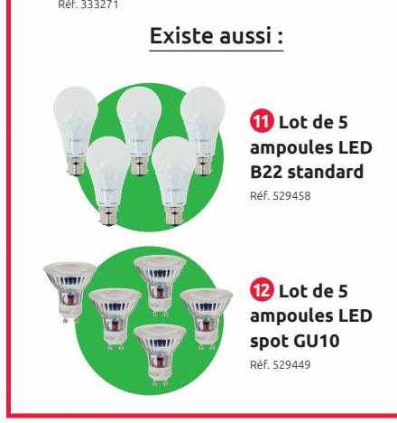 lot de 5 ampoules led b22 standard, lot de 5 ampoules led spot gu10