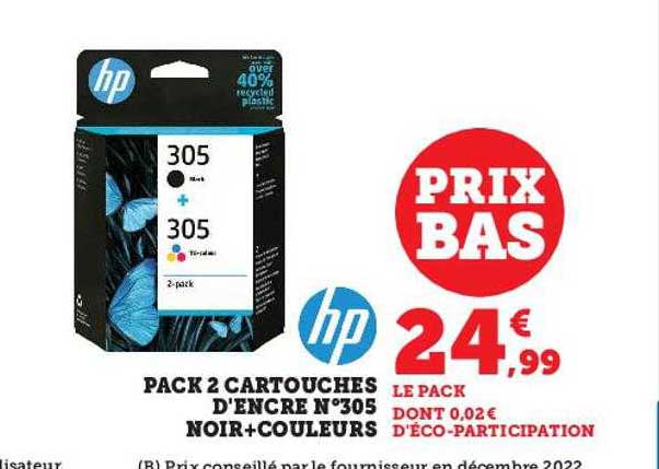 pack 2 cartouches d'encre n°305 noir + couleurs hp