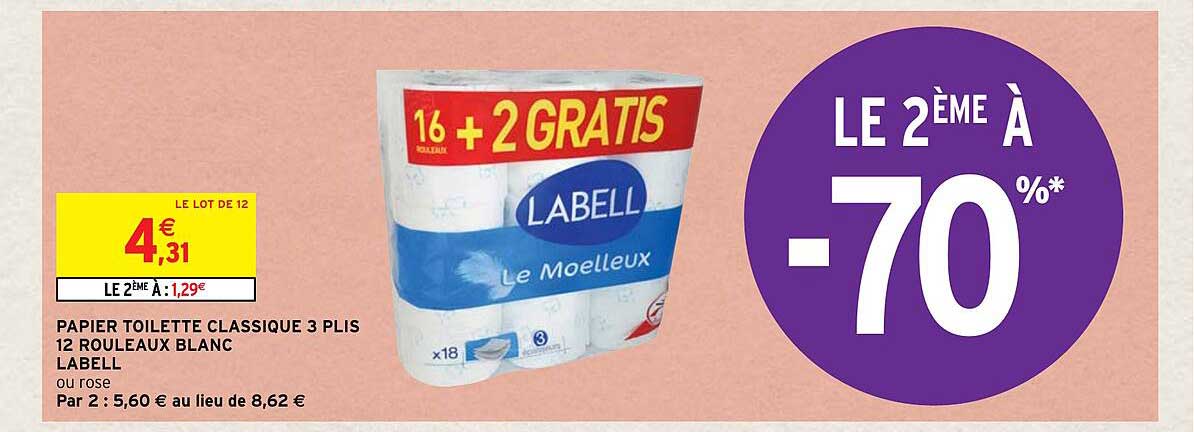 Papier Toilette Classique 2 Plis 12 Rouleaux Blanc Labell