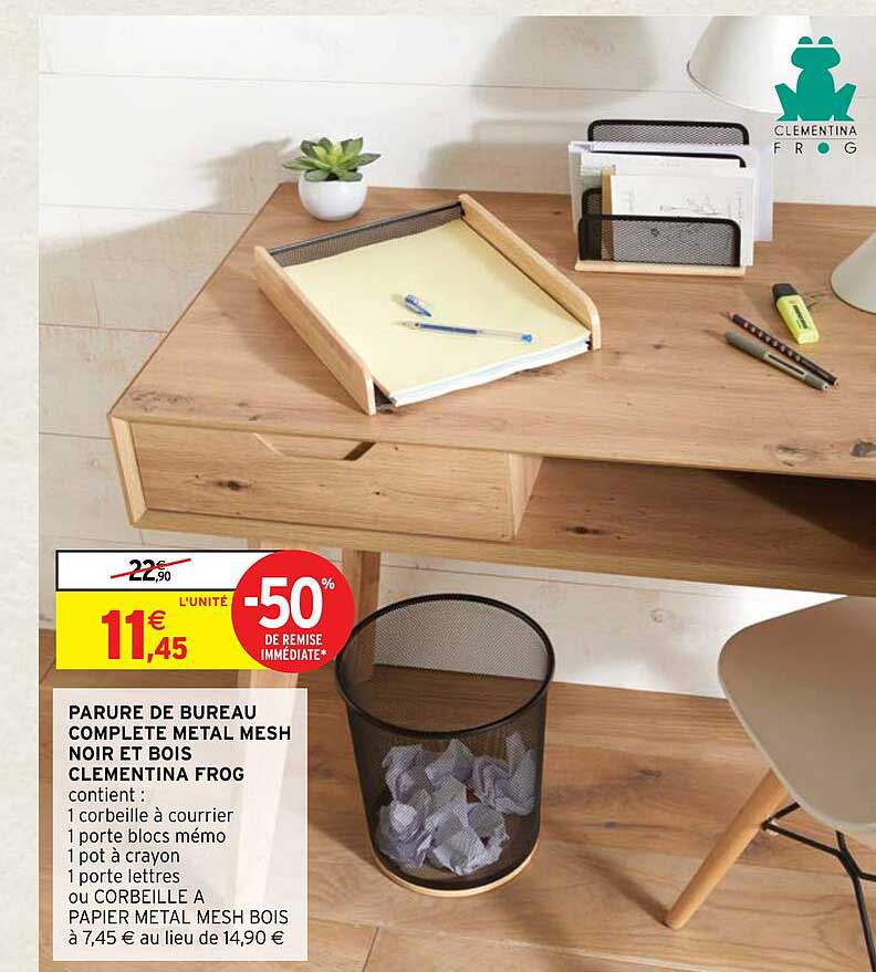 parure de bureau complète métal mesh noir et bois clémentina frog