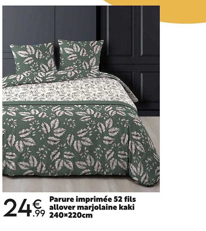 parure imprimée 52 fils allover marjolaine kaki 240 x 220 cm