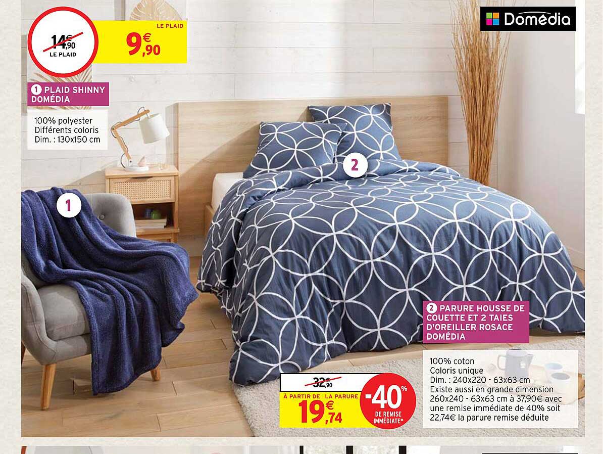 plaid shinny domédia, parure housse de couette et 2 taies d'oreiller rosace domédia