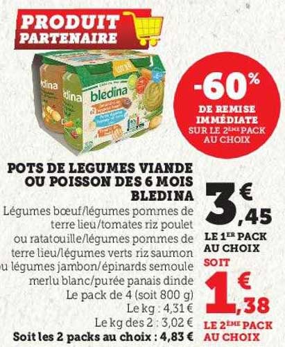 pots de légumes viande ou poisson des 6 mois blédina -60% de remise immédiate sur le 2ème pack au choix