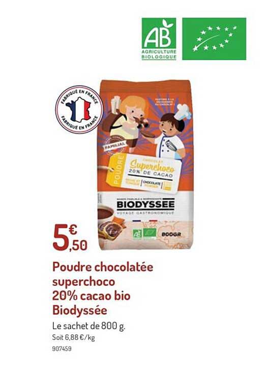 poudre chocolatée superchoco 10% cacao bio biodyssée