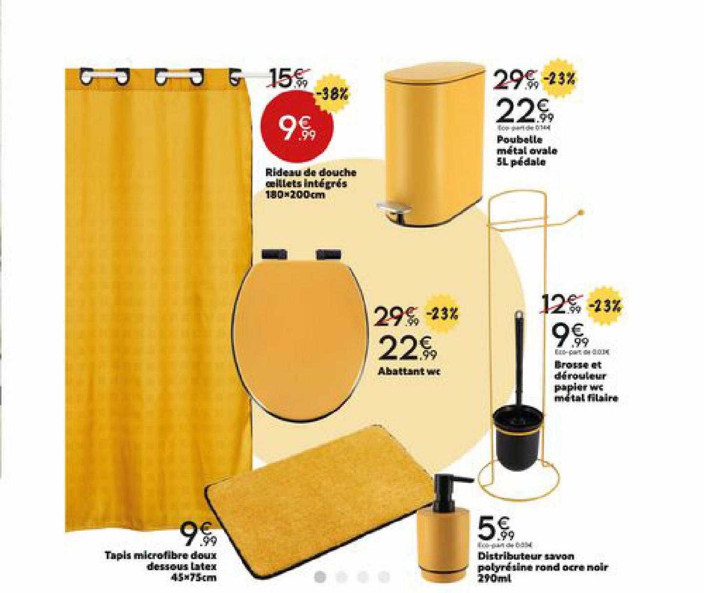 rideau de douche œillets intégrés 180 x 200 cm, poubelle métal ovale 5 l pédale, brosse et dérouleur papier wc métal filaire, tapis microfibre doux dessous latex 45 x 75 cm, distributeur savon