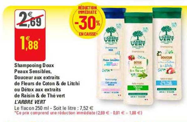 shampooing doux peaux sensibles, douceur aux estraits de fleurs de coton & de litchi ou détox aux extraits de raisin & te thé vert l'arbre vert