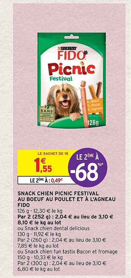 snack chien picnic festival au bœuf au poulet et à l'agneau fido