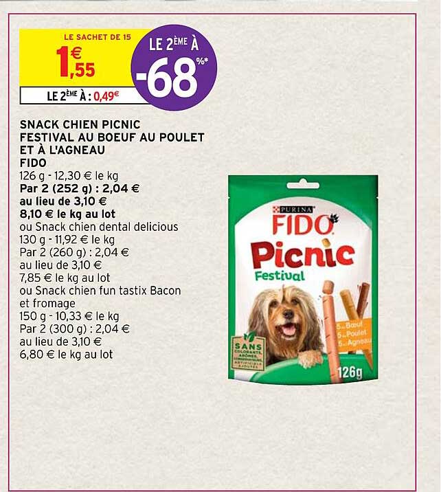 snack chien picnic festival au bœuf au poulet et à l'agneau fido