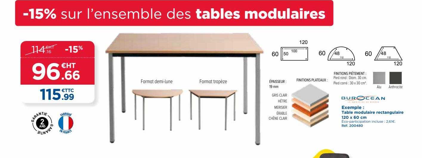 table modulaire rectangulaire 120 x 60 cm burocean