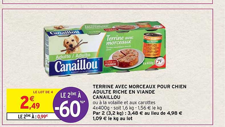 terrine avec morceaux pour chien adulte riche en viande canaillou