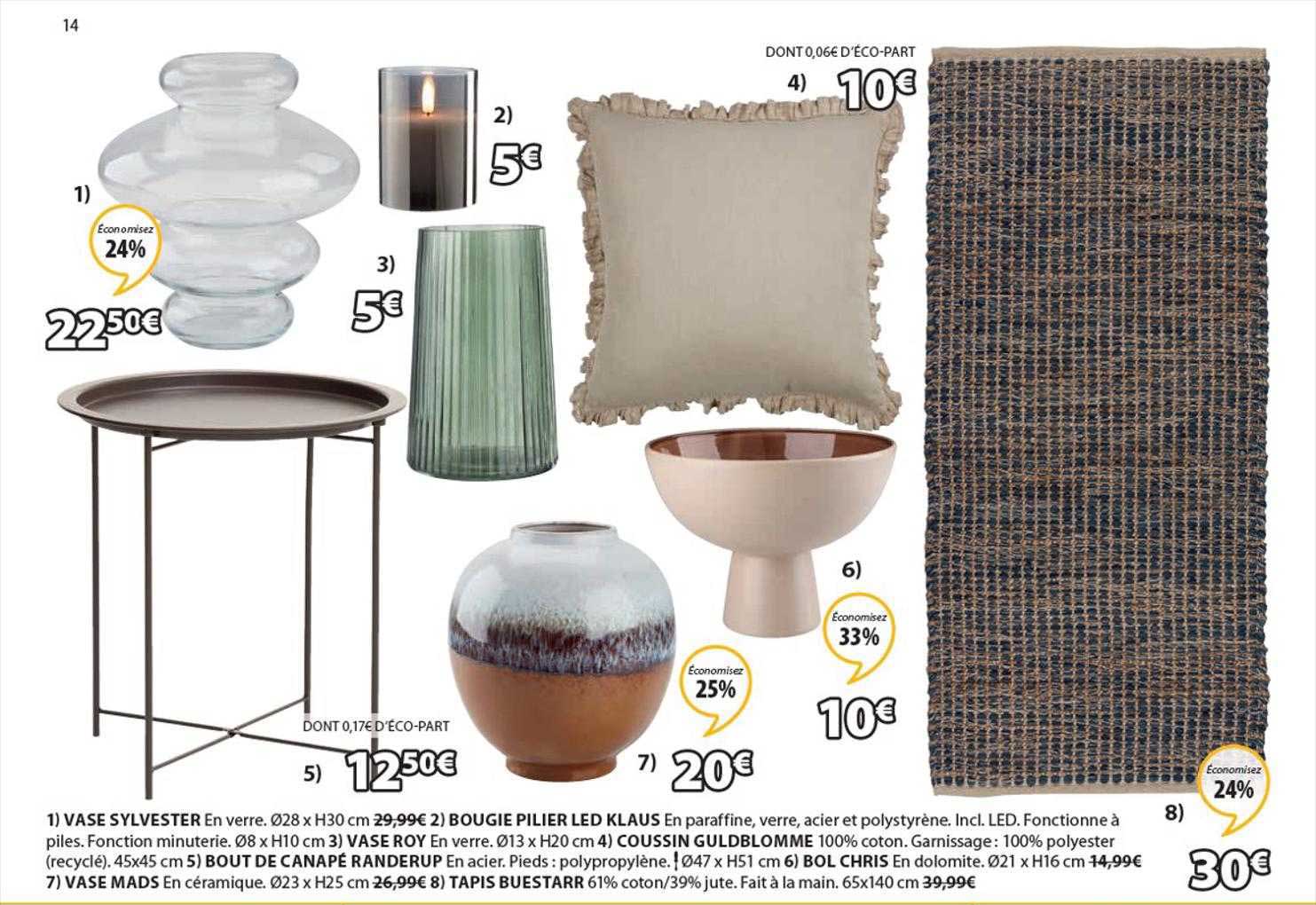 vase sylvester, bougie pilier led klaus, vase roy, coussin guldblomme, bout de canapé randerup, bol chris, tapis buestarr