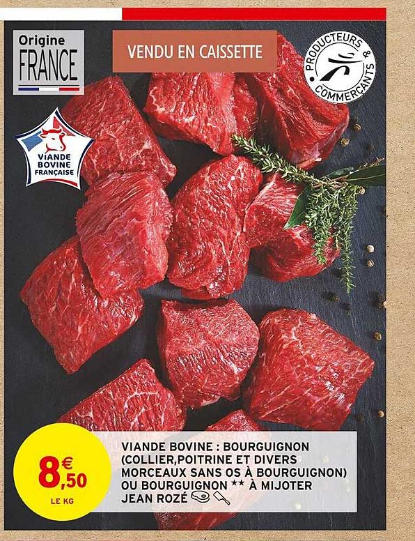 viande bovine : bourguignon collier poitrine et divers morceaux sans os à bourguignon ou bourguignon à mijoter jean rozé