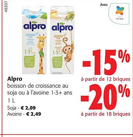 alpro boisson de croissance au soja ou à l'avoine 1-3+ ans