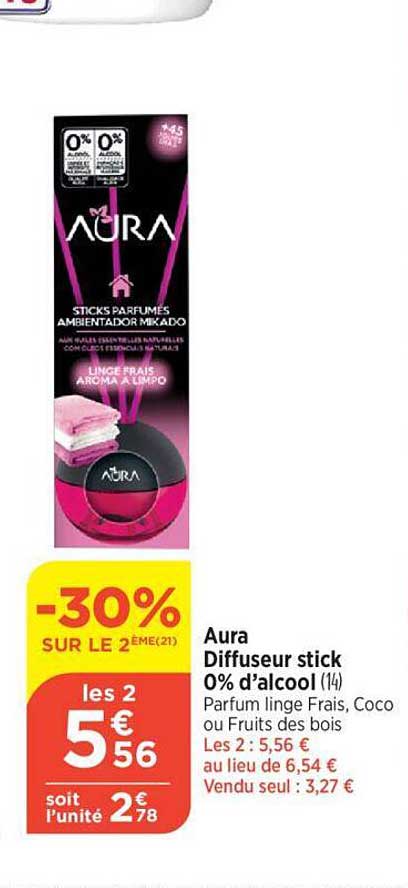 aura diffuseur stick 0% d'alcool parfum linge frais, coco ou fruits des bois