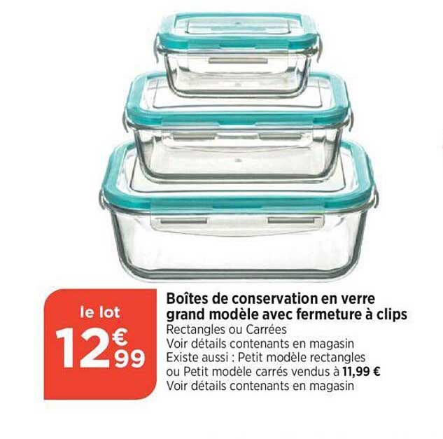 Boîtes De Conservation En Verre Grand Modèle Avec Fermeture à Clips