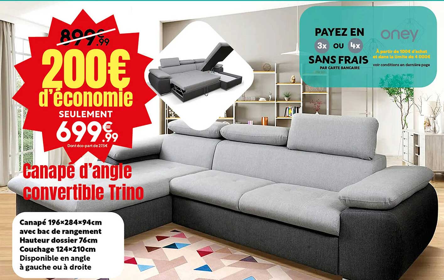 canapé 196 x 584 x 94 cm avec bac de rangement hauteur dossier 76 cm couchage 124 x 210 cm