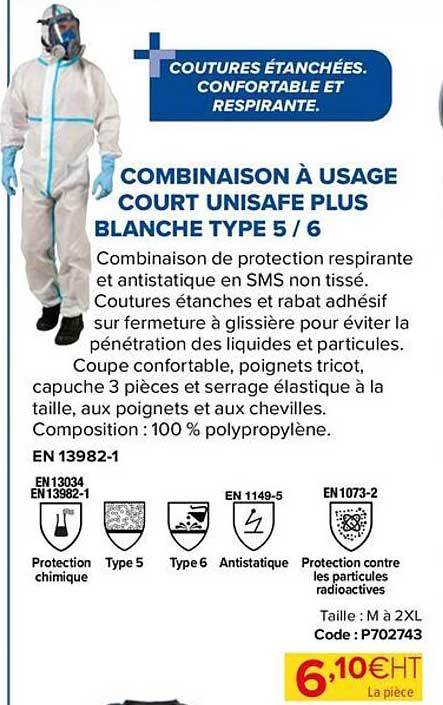 combinaison à usage court unisafe plus blanche type 5/6