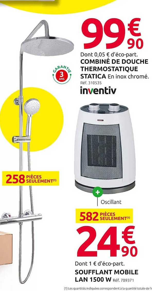 combiné de douche thermostatique statica inventiv, soufflant mobile lan 1500 w