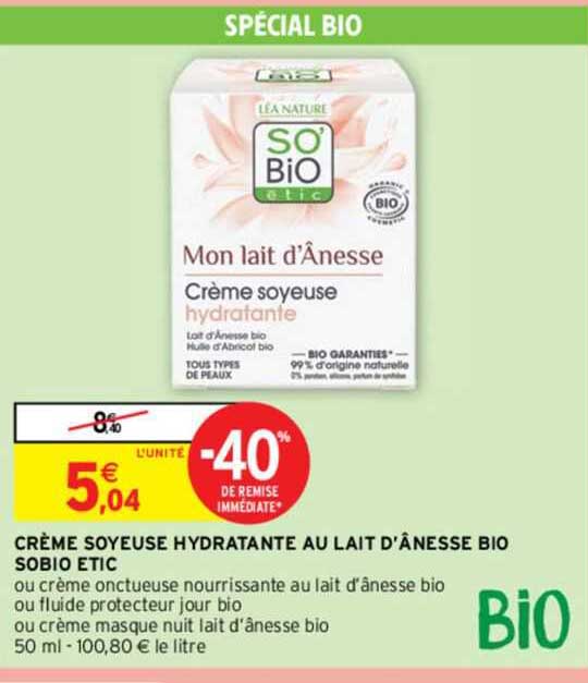 crème soyeuse hydratante au lait d'ânesse bio so bio étic