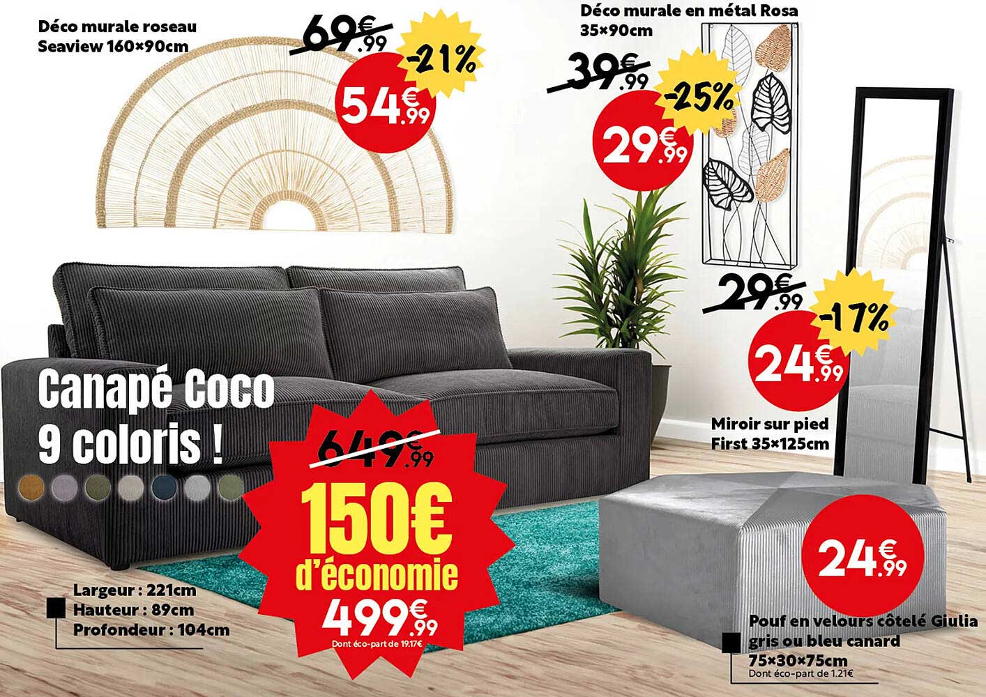 déco murale roseau seaview 160 x 90 cm, déco murale en métal rosa 35 x 90 cm, miroir sur pied first 35 x 125 cm, pouf en velours côtelé giulia gris ou bleu canard 75 x 30 x 75 cm
