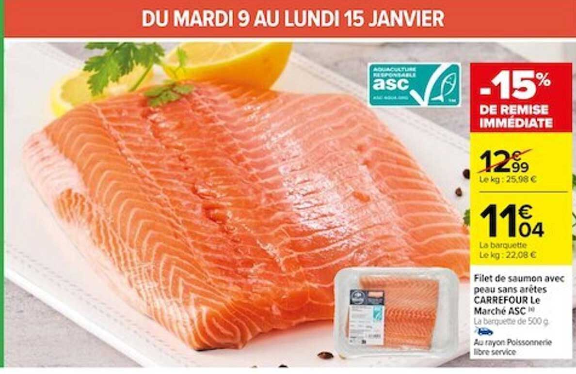 filet de saumon avec  peau sans arêtes carrefour le marché asc