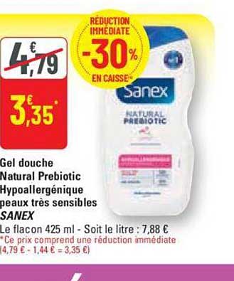 gel douche natural prebiotic hypoallergénique peaux très sensibles sanex