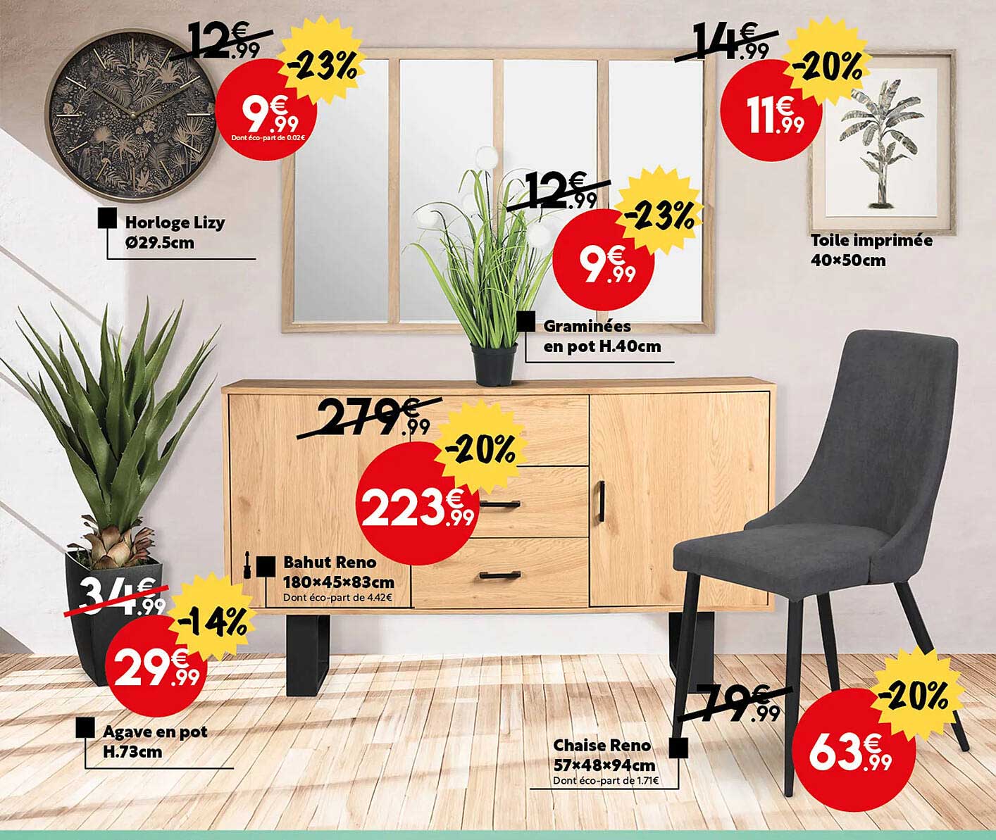 horloge lizy ø29.5 cm, agave en pot h.73 cm, bahut reno 180 x 45 x 83 cm, graminées en pot h.40 cm, chaise reno 57 x 48 x 94 cm, toile imprimée 40 x 50 cm