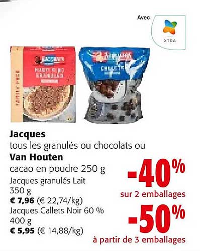 jacques tous les granulés ou chocolats ou van houten cacao en poudre jacques granulés lait, jacques callets noir 60%