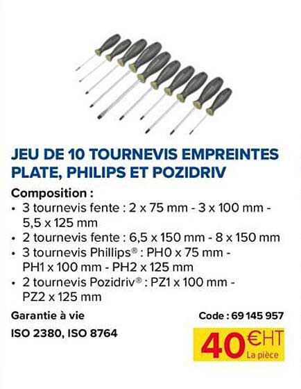 jeu de 10 tournevis empreintes plate, philips et pozidriv