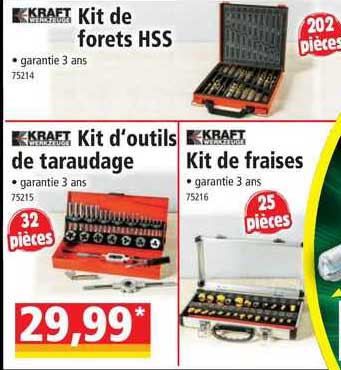 kit de forêts hss kraft werkzeuge, kit d'outils de taraudage kraft werkzeuge, kit de fraises kraft werkzeuge