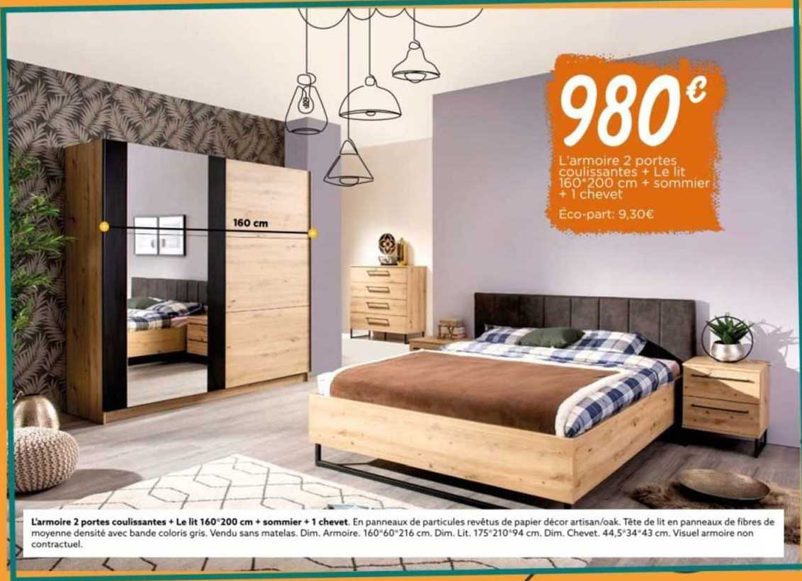 l'armoire 2 portes coulissantes + le lit 160/200 cm + sommier + 1 chevet