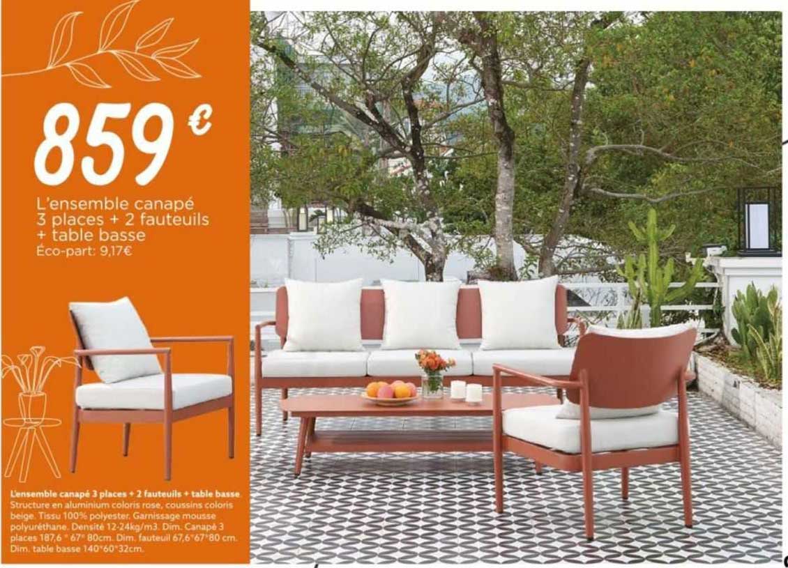 l'ensemble canapé 3 places + 2 fauteuils + table basse