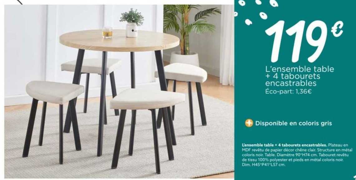 l'ensemble table + 4 tabourets encastrables