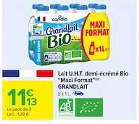 lait u.h.t. demi-écrémé bio "maxi format" grandlait