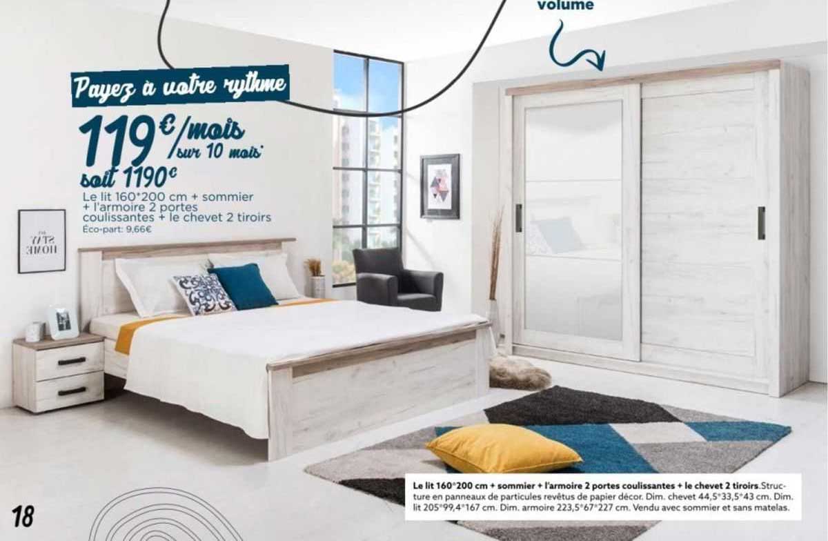 le lit 160/200 cm + sommier + l'armoire 2 portes coulissantes + le chevet 2 tiroirs