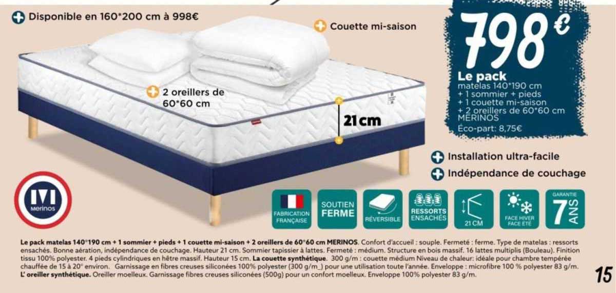 Le Pack Matelas 140*190 Cm + 1 Sommier + Pieds + 1 Couette Mi-saison + 2 Oreillers De 60*60 Cm Merinos