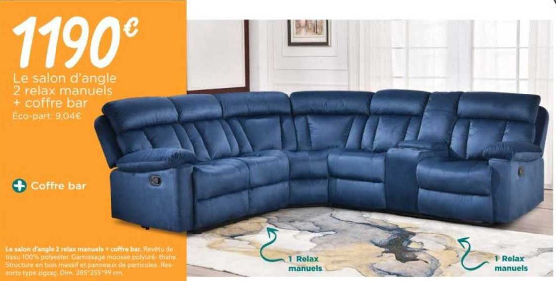 le salon d'angle 2 relax manuels + coffre bar