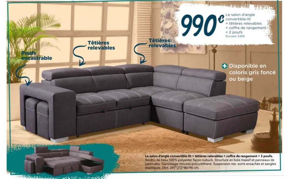 le salon d'angle convertible-lit + têtières relevables + coffre de rangement + 2 poufs