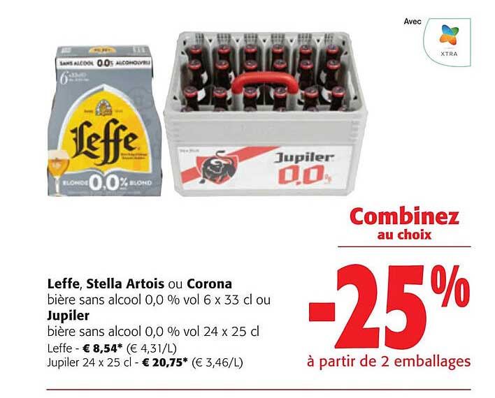 leffe, stella artois ou corona bière sans alcool, jupiler bière sans alcool