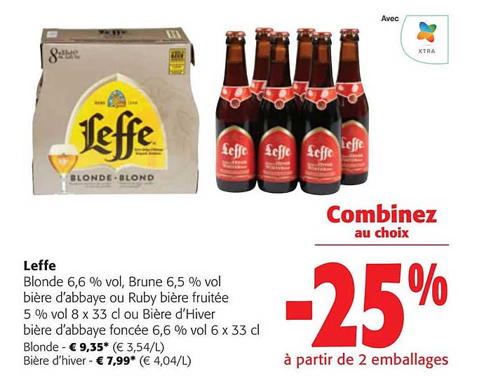 leffe blonde 6,6% vol. brune 6,5% vol. bière d'abbaye ou ruby bière fruitée 5% vol. ou bière d'hiver , bière d'abbaye foncée 6,6% vol.