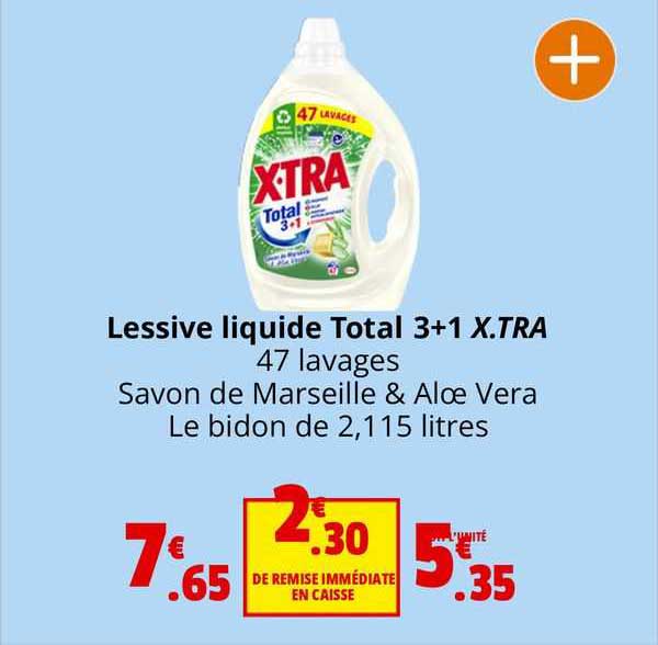 lessive liquide total 3 + 1 x.tra 47 lavages savon de marseille & aloe vera