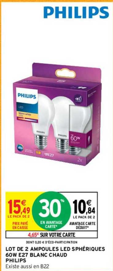 lot de 2 ampoules led sphériques 60w e27 blanc chaud philips