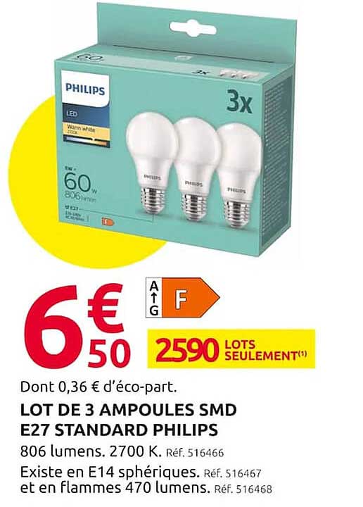 lot de 3 ampoules smd e27 standard philips