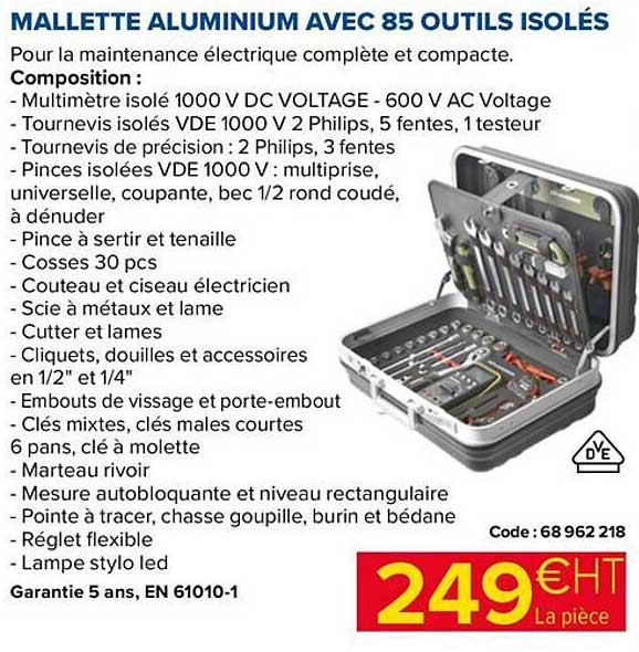 mallette aluminium avec 85 outils isolés
