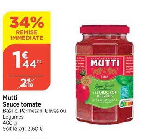 Mutti Sauce Tomate Basilic, Parmesan, Olives Ou Légumes