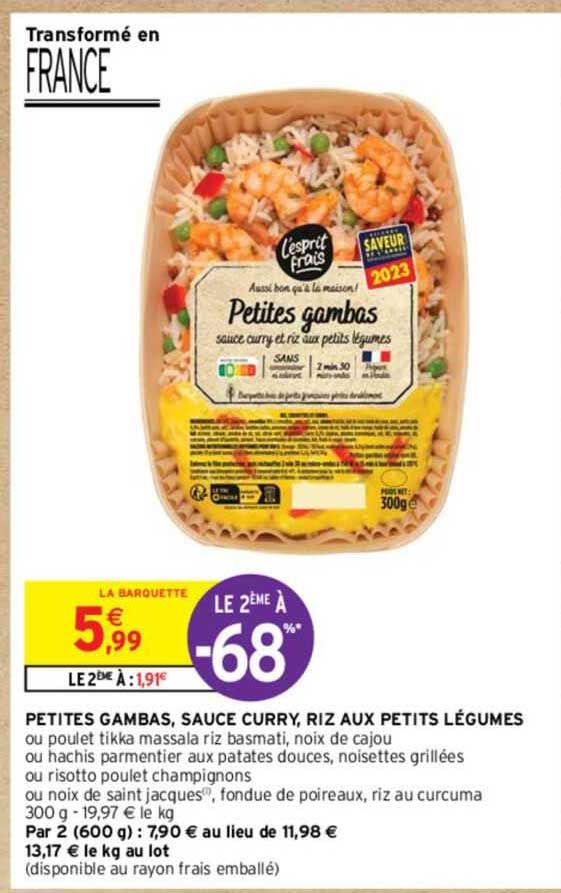 petites gambas, sauce curry, riz aux petits légumes