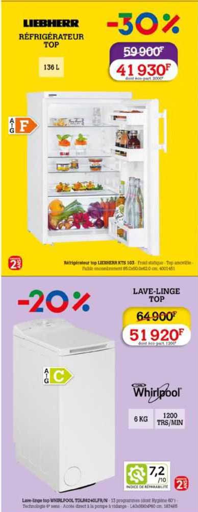 réfrigérateur top liebherr, lave-linge top whirlpool